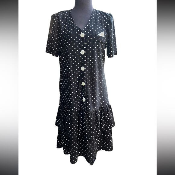 Vtg 90s Black Polka Dot Drop Waist Ruffled Hem Feminine Princess Diana Dress M - Picture 1 of 5